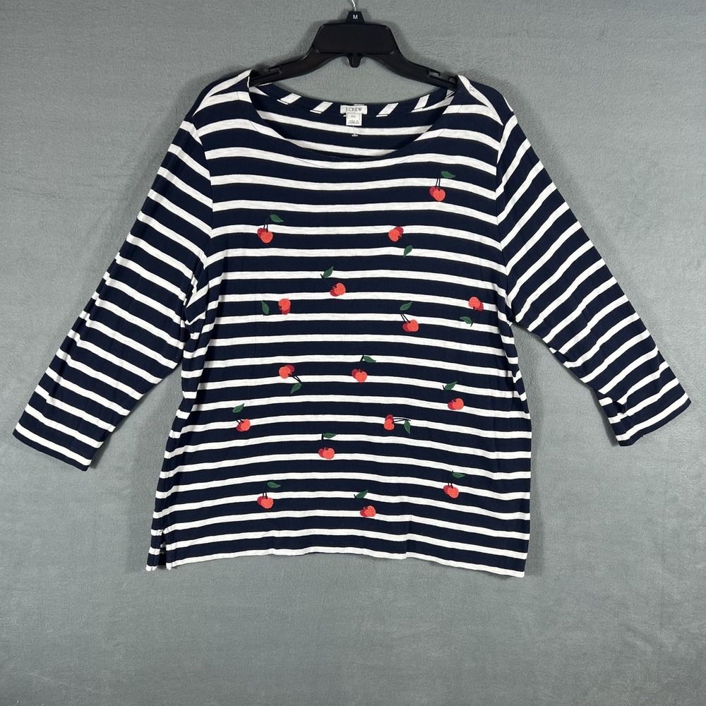 J.CREW Women's XXL Navy White Striped Cherry Embroidered 3/4 Sleeve Boat Neck